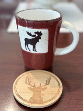 Young's Inc Moose Mug With Lid Coaster NWOT 5" Tall Red
